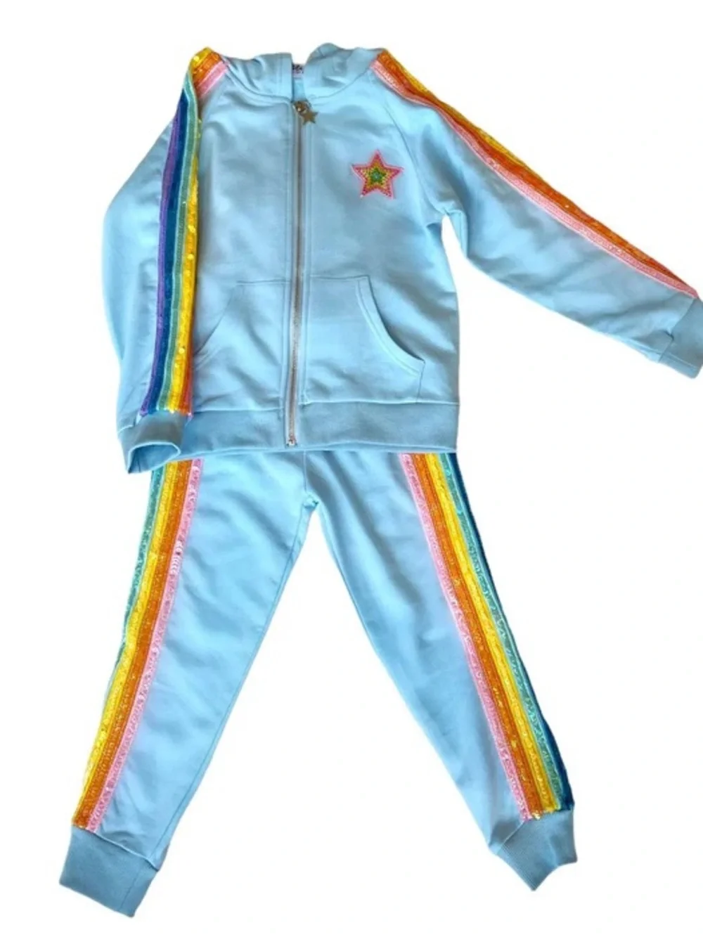 Lola And the boys sequin Light Blue Kids Rainbow Stripe Hoodie & Jogger Set, 6